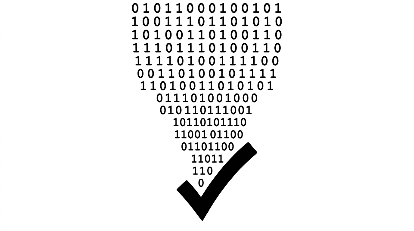 Binary code forming checkmark verification symbol