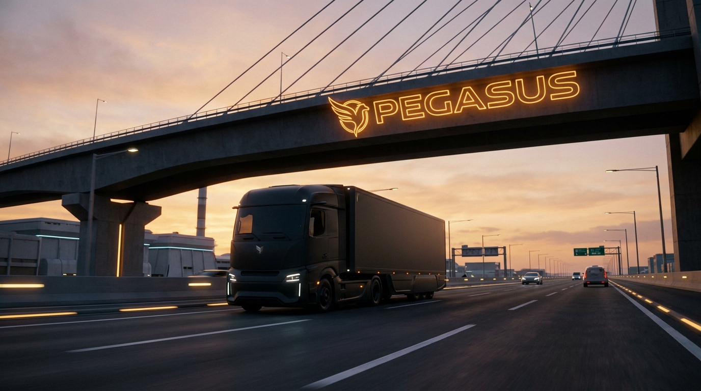 Autonomous electric truck driving on highway at sunset