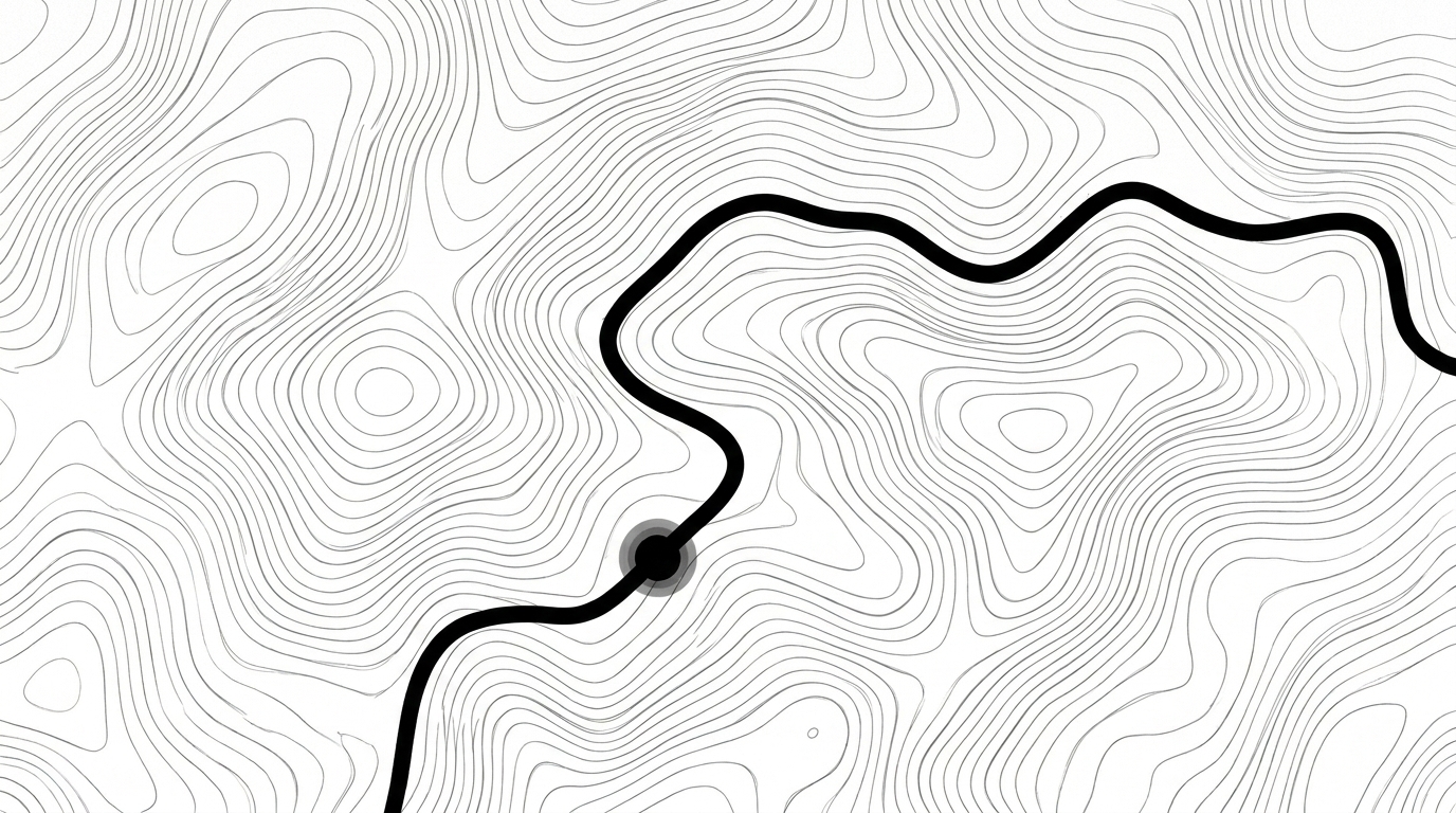 Black dot traveling path on topographic contour map
