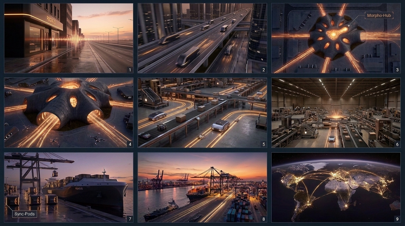 Supply chain storyboard grid with logistics flow