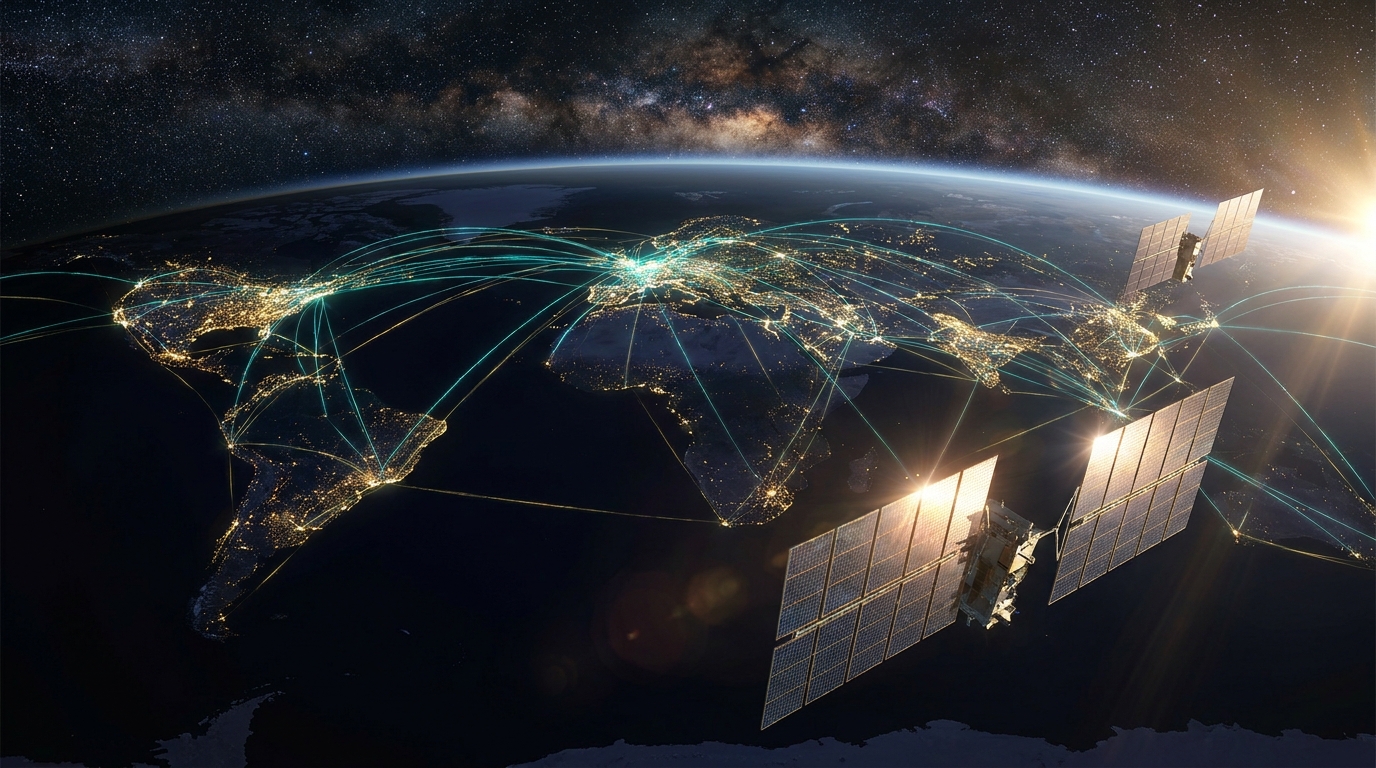 Satellites orbiting Earth with supply chain network links