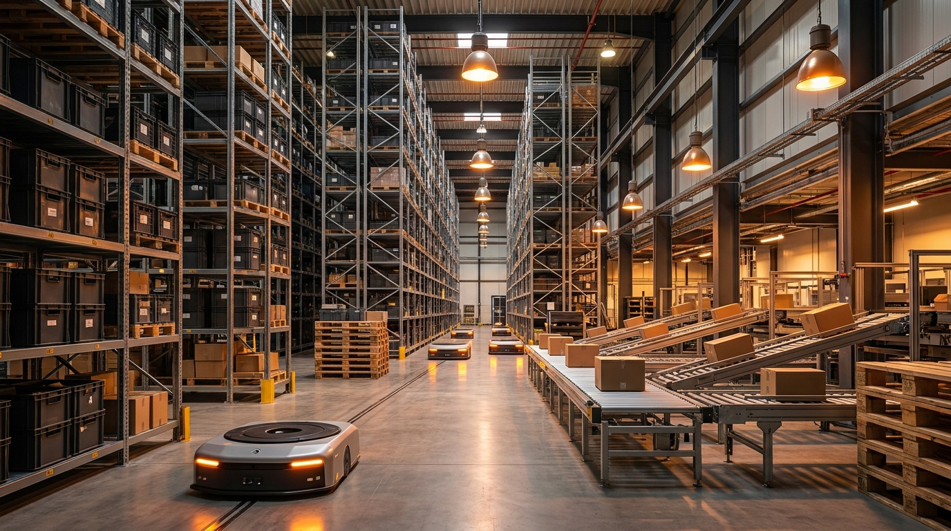 Robots operating in automated warehouse with conveyor systems